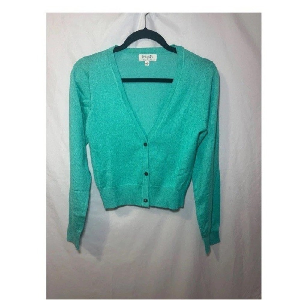 Tulip B Cropped Button Front Cardigan Women's Medium Blue V-Neck Preppy
